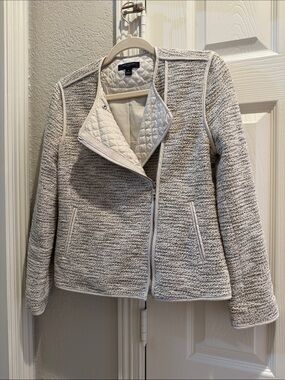 Ann Taylor Quilted-Trim Knit Jacket in Light Gray and White